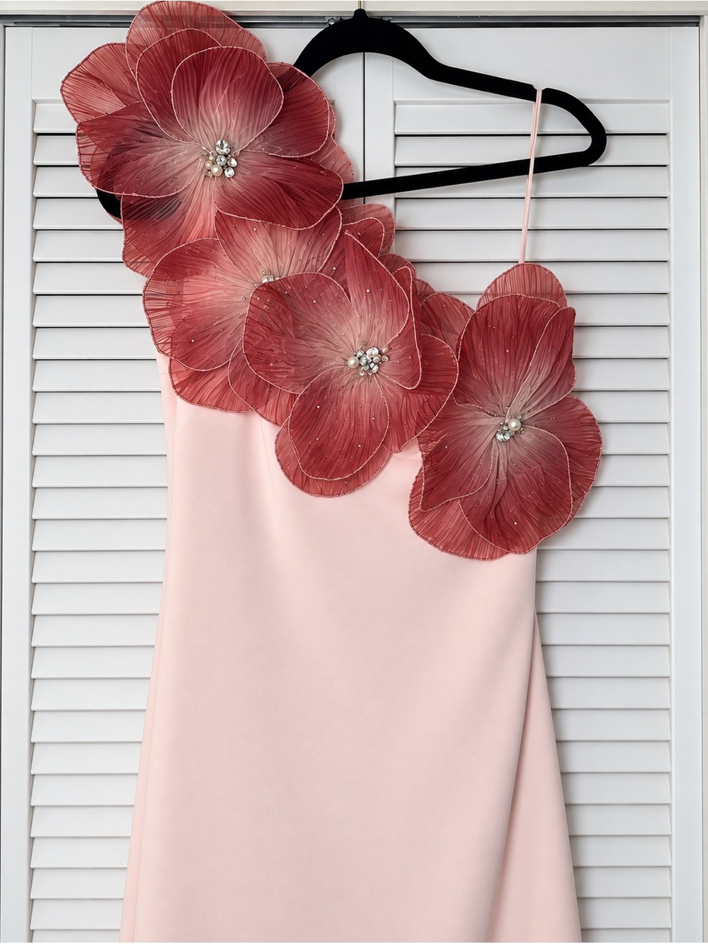 NWT Badgley Mischka 3D Floral Embellished One Shoulder Blush Crepe Gown 2 - Picture 4 of 8